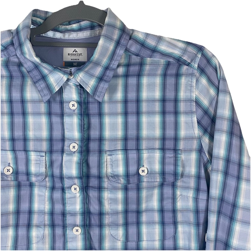 Ridgecut Womans Shirt Roll Tab Sleeve Toughwear Top Sz M Periwinkle  Green Plaid